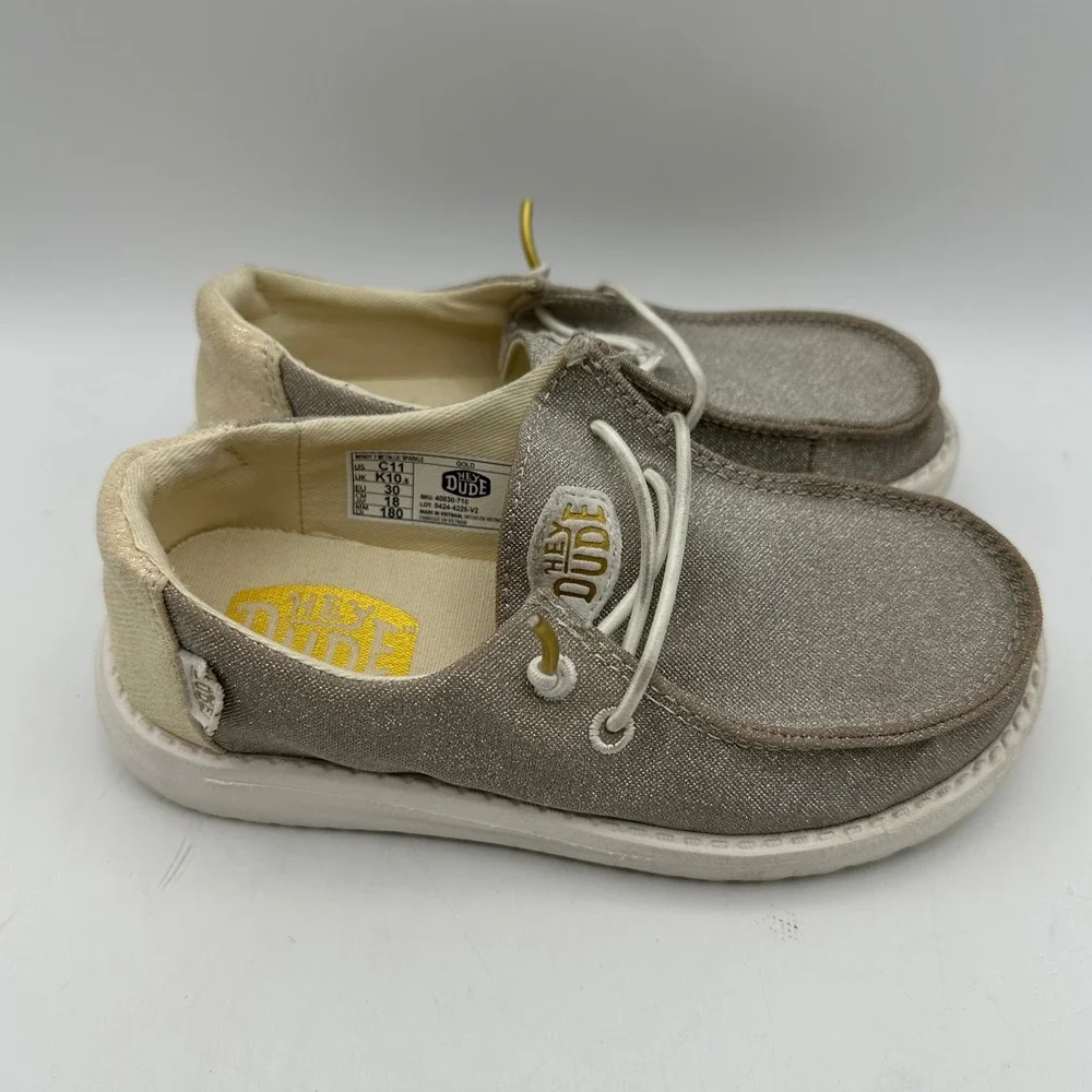 Hey Dude Wendy Y Metallic Sparkle Kids Size C11 Silver Slip On Loafers 40830-710